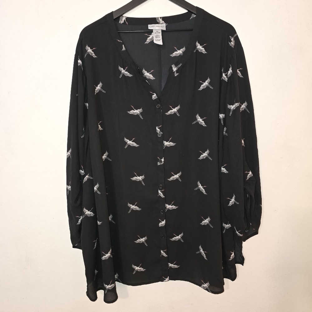 Catherine Malandrino Black Bird Print Button Down Shirt